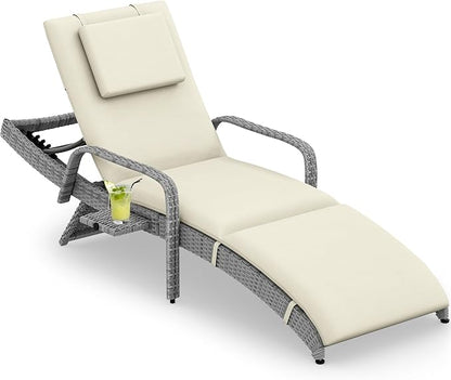YITAHOME Wicker Chaise Lounge Outdoor, Rattan Pool Lounge Chair Reclining Chaise Lounge Set w/Pull-Out Desktop, 5-Position backrest, Headrest & Cushion, Armrests for Poolside, Beach, Outside(Beige)