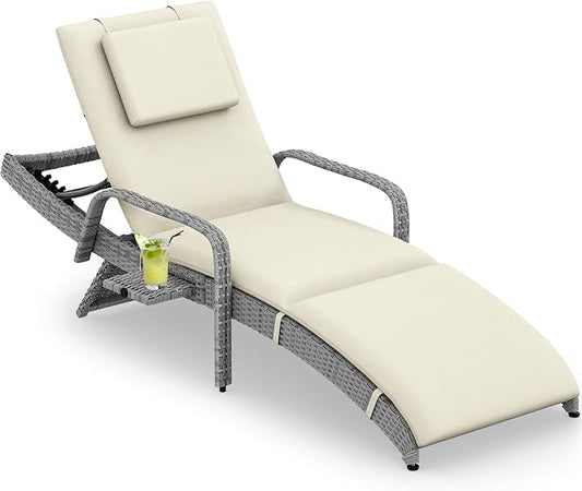 YITAHOME Wicker Chaise Lounge Outdoor, Rattan Pool Lounge Chair Reclining Chaise Lounge Set w/Pull-Out Desktop, 5-Position backrest, Headrest & Cushion, Armrests for Poolside, Beach, Outside(Beige)