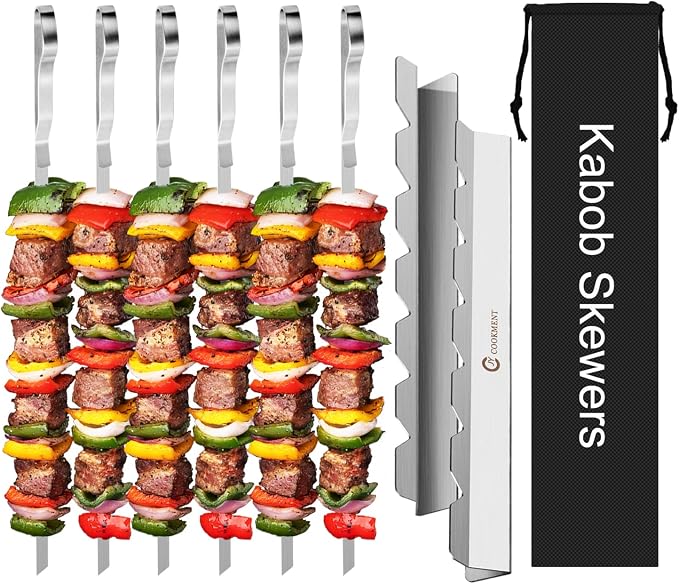 Kabob Skewers Stainless Steel Long BBQ Barbecue Skewers, Flat Metal Kebob | BBQ Sticks Wide Reusable Grilling Skewers for Meat Chicken,Set of 9 Including 2 barbeecue rack with Storage Bag