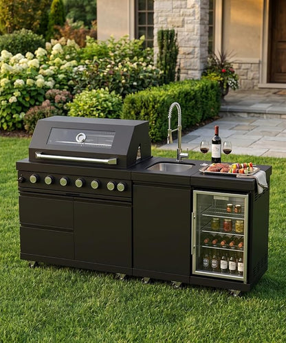 Outdoor Kitchen Island Barbecue Grill with Refrigerator & Rotisserie, Heavy-Duty Stainless Steel Freestanding Grills Station, Weather-Resistant Cooking Cabinet for Backyard & Summer Propane Gas