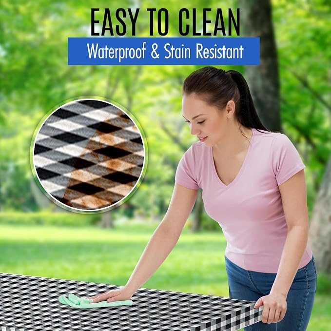 LINPRO Premium Picnic Table Cover with Bench Covers Vinyl Fitted Elastic RV Camping Accessories and Camper Must Haves Waterproof (Black Gingham, 72 x 30 (6ft) with skewers