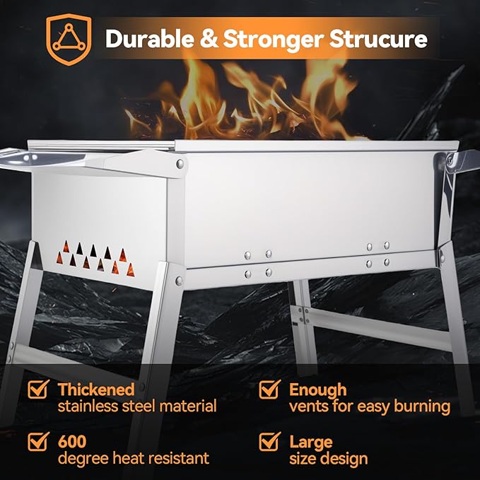Foldable Portable Charcoal Grill 17.7x9.8 Inch Compact Small BBQ Grill Outdoor Cooking Stove Stainless Steel Folding Grill with Wood Skewers for Beach/Travel/Balcony/Camping/Backyard