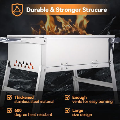 Foldable Portable Charcoal Grill 17.7x9.8 Inch Compact Small BBQ Grill Outdoor Cooking Stove Stainless Steel Folding Grill with Wood Skewers for Beach/Travel/Balcony/Camping/Backyard