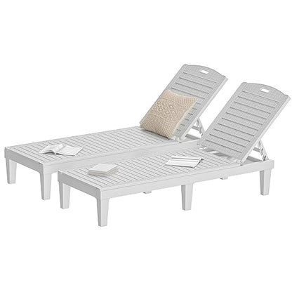 DWVO Outdoor Plastic Chaise Lounger, Poolside Lounge Chair w/5-Position Adjustable Backrest, Waterproof & Easy Setup for Patio, Poolside, Garden (Grayish-White, 2 PCS)