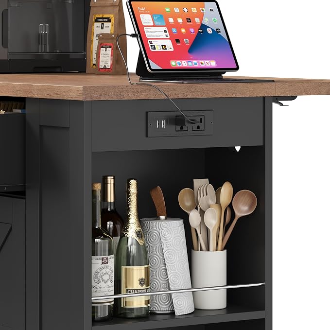Kitchen Storage Island with 2 Stools, 51” Mobile Kitchen Cart with Drop Leaf & Power Outlet, Rolling Island Table Dining Room Buffet with 2 Drawers & Side Storage Rack &Towel Rack, Black
