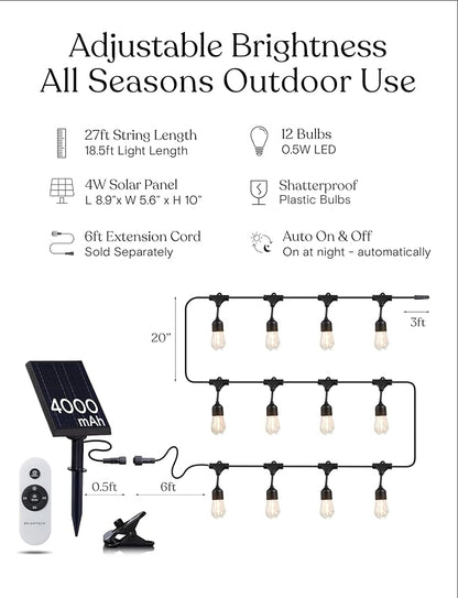 Brightech Ambience Pro Super Bright Solar - 27Ft Remote Control Outdoor String Lights, Shatterproof S14 Edison Bulbs, Commercial Grade LED, Waterproof Patio Lights for Deck, 4W Soft White, 12 Bulbs