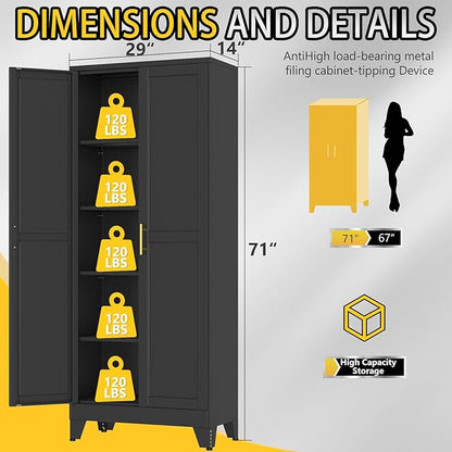 PAOFIN 71" Metal Storage Cabinet with 2 Doors and 4 Adjustable Shelves,Black Metal Garage Storage Cabinets, File Cabinet,Steel Tool Cabinets for Home,Office,Garage,School,Warehouse