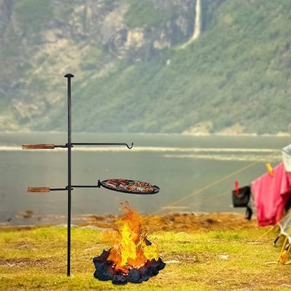 2-in-1 Adjustable Swivel Campfire Grill, Heavy-Duty Portable Charcoal Grill for Camping BBQ, Outdoor Barbecue Grill with Detachable Baking Pan and Grilling Rack,A-1