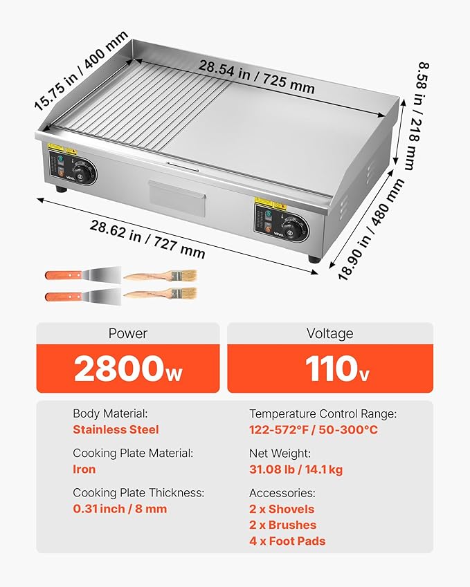VEVOR Commercial Electric Griddle, 28.54 x 15.75 in, 2800W, 122-570°F Adjustable Temp Control, Stainless Steel, Half Grooved Half Flat, with 2 Spatulas, 2 Brushes, and 4 Foot Pads, for Steak(NO PLUG)