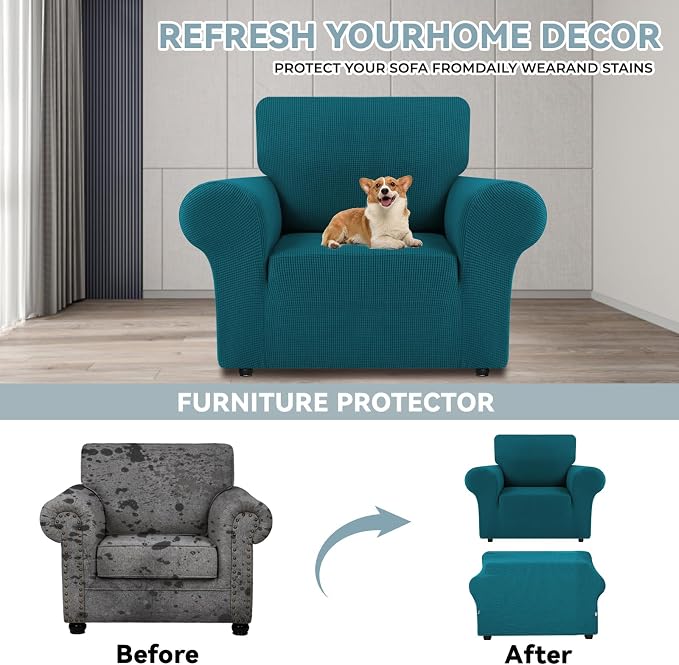 LURKA Stretch Chair Cover for Sofa, 1 Piece Armchair Slipcover, Peacockblue | Soft Stretch Jacquard, Fits 31"-55" Armchairs, Elastic Bottom for Secure Fit, Machine Washable, Pet & Kid Friendly