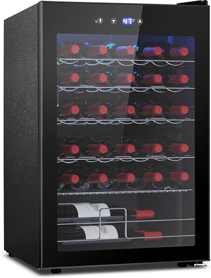 COWSAR 37 Bottle Wine Fridge, Freestanding Commercial Beverage Refrigerator with Smart Temp Control, 4.45 Cu.Ft Mini Fridge Wine Cooler with Child Lock& Wavy Wire Shelves for Kitchen Bar, Black