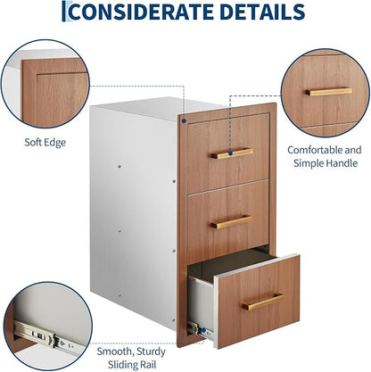Garvee Outdoor Kitchen Drawers 16" W x 28.5" H x 20.5" D, Flush Mount Triple Access BBQ Drawers with Stainless Steel Handle for Outdoor Kitchens, BBQ Island, Patio Grill Station