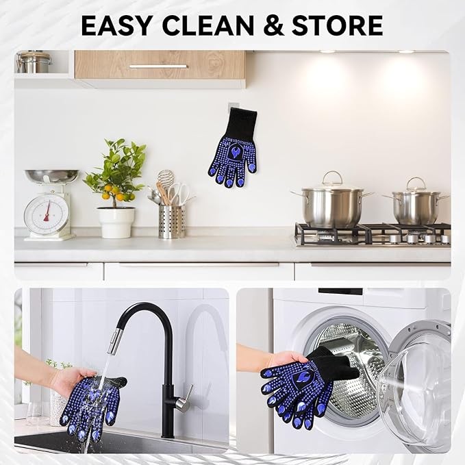 BBQ & Grill Gloves, Oven Gloves, 1472°F Silicone Oven Mitts Heat Resistant Grilling Gloves Fireproof Non-Slip for Barbecue Cooking Baking Smoking, 1-Pair (Blue, Medium)