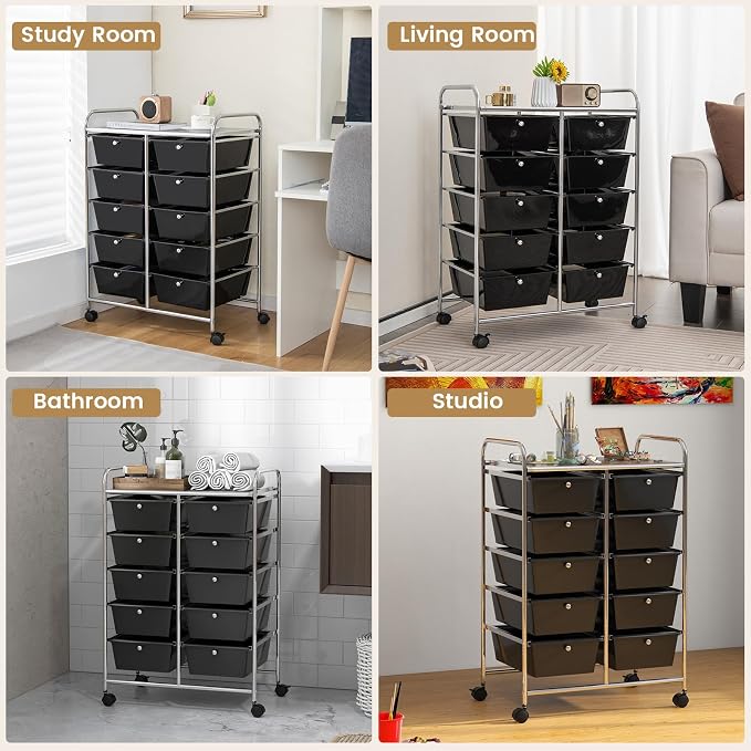 HOMGX Rolling Cart with 10 Drawers, 10 Tiers Multicolor Trolley, Drawer Bin Carts with 2 Lockable Wheels, Adjustable File & Debris Organizer Cart, Rolling Storage Cart for Office, School, Home