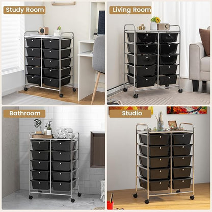 HOMGX Rolling Cart with 10 Drawers, 10 Tiers Multicolor Trolley, Drawer Bin Carts with 2 Lockable Wheels, Adjustable File & Debris Organizer Cart, Rolling Storage Cart for Office, School, Home