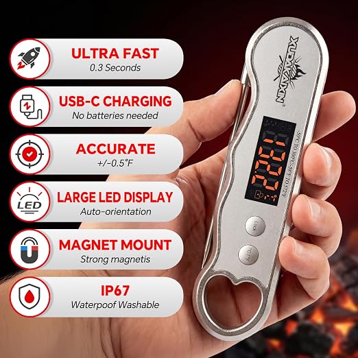 0.3s Fast Read Meat Thermometer – USB-C Rechargeable, Silvery | Digital instant read for BBQ, baking, and candy –no batteries needed