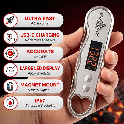 0.3s Fast Read Meat Thermometer – USB-C Rechargeable, Silvery | Digital instant read for BBQ, baking, and candy –no batteries needed