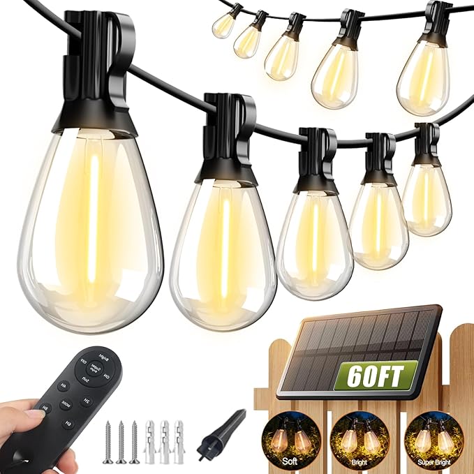 Tenmiro 60FT Solar String Lights Outdoor with Remote and 16+2 LED Shatterproof Bulbs Dimmable & Timing 3 Light Modes Solar Patio String Lights for Cafe, Garden, Deck, Outside Wedding Last for 10+Hrs