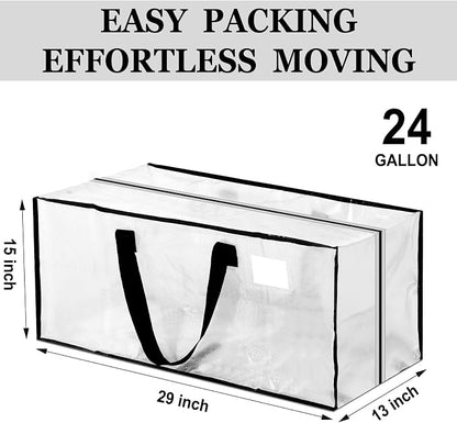 4 Pcs 24 Gallon Extra Large Moving Bags Heavy Duty Storage Bag with Strong Zipper Handle Foldable XXL Jumbo Storage Tote Packing Moving Box for College Dorm Travel Cloth Duffle (Clear)