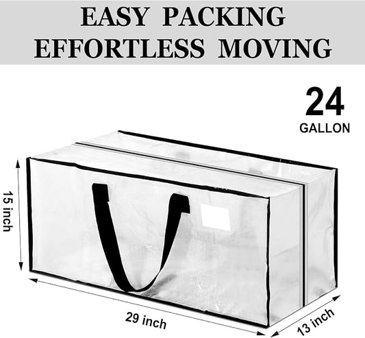 4 Pcs 24 Gallon Extra Large Moving Bags Heavy Duty Storage Bag with Strong Zipper Handle Foldable XXL Jumbo Storage Tote Packing Moving Box for College Dorm Travel Cloth Duffle (Clear)