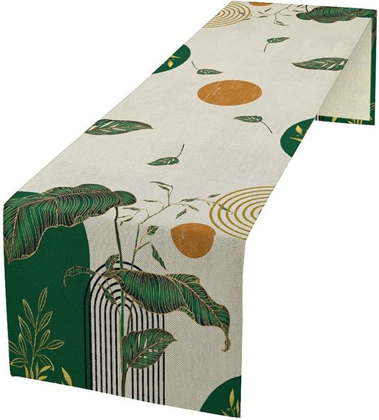 Green Abstract Mid Centruy Table Runner Retro Boho Tropical Leaves Palms Tree Sun Geometric Arch Minimalisted Seasonal Dinner Runner for Farmhouse Kitchen Dining Home Holiday Party 13x36in