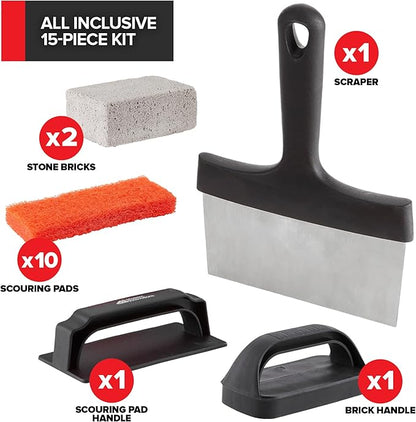 15-Piece Griddle Cleaning Kit, 10 Scouring Pads, 2 Grill Stone Bricks, 1 Indoor Grill Scraper, 2 Handles, Griddle Cleaner Kit for Blackstone & Weber BBQ Flat Top, Griddle Cleaning Accessories