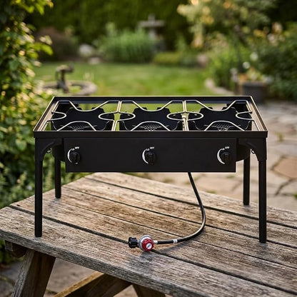 3-Burner Outdoor Cooker, 225,000 BTU High Pressure Cast Iron Burner for Camping and Backyard, Detachable Legs, Adjustabl