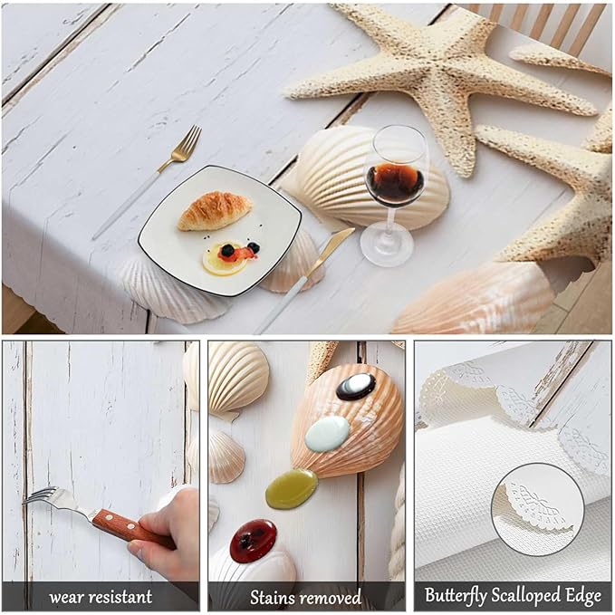 Swono Sea Shells Table Cloth Rustic Wood Seashell Starfish Marine Rope Rectangle Tablecloth Picnic Table Cover BBQ Table Cloth Polyester for Kitchen Home 50x72 Inch