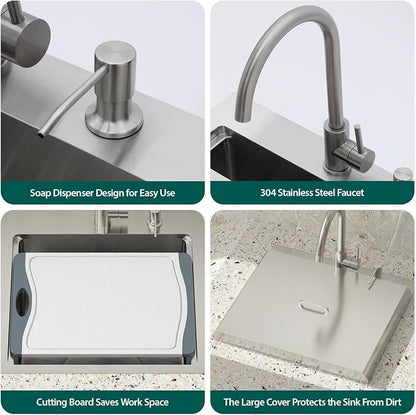 23 Inch Outdoor Kitchen Sink with Faucet - Drop In Workstation 16 Gauge T-304 Stainless Steel Single Bowl Topmount Outdoor Sink with Stainless Steel Dust-Proof Cover #TLT-0064