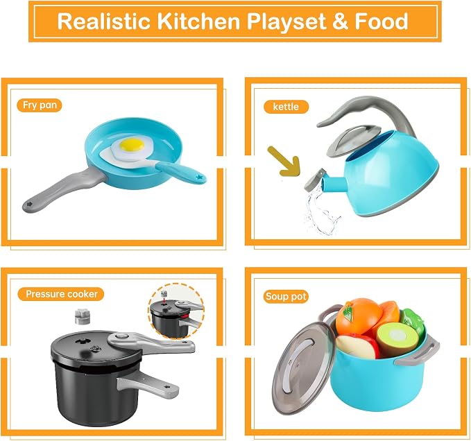 105Pcs Kids Kitchen Toy Accessories, Toddler Pretend BBQ Camping Cooking Playset, Play Pots, Pans, Utensils Cookware Toys, Play Food Set, Vegetables, Learning Gift for Girls Boys (Turquoise)