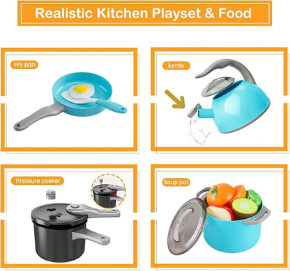 105Pcs Kids Kitchen Toy Accessories, Toddler Pretend BBQ Camping Cooking Playset, Play Pots, Pans, Utensils Cookware Toys, Play Food Set, Vegetables, Learning Gift for Girls Boys (Turquoise)