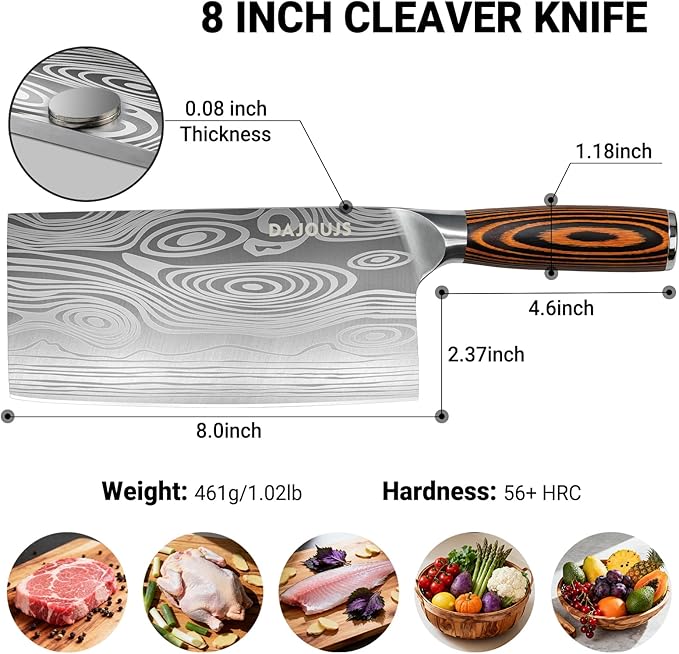 Meat Cleaver Knife Ultra Sharp Kitchen Knife 8 Inch, High Carbon Stainless Steel Butcher Knife with Wooden Handle, Chinese Cleaver for Meat Cutting Vegetable Slicing Perfect Birthday Gifts