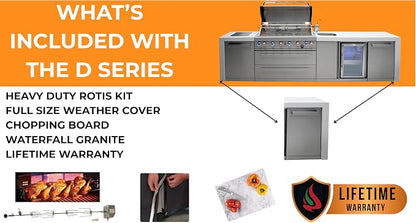 Mont Alpi Deluxe 120"W x 23"D x 46"H Stainless Steel Outdoor Kitchen Island with Refrigerator + 32"W 4-Burner BBQ Grill + Faucet and Sink + Granite Countertops + Storage Cabinets + Rotisserie + Cover