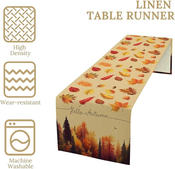 Maple Leaves Fall Forest Table Runner Seasonal Autumn Tree Kitchen Dining Table Decoration for Home Kitchen Table Decor Dining Coffee Room Party Decor 13x108in