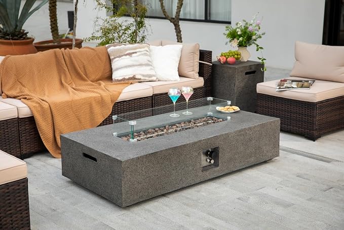 56-inch Rectangle Propane Gas Fire Pit Table, CSA Certified 50,000 BTU Outdoor Fireplace for Backyard, Porch, Garden (Grey, Fire Pit with Wind Guard&Tank)