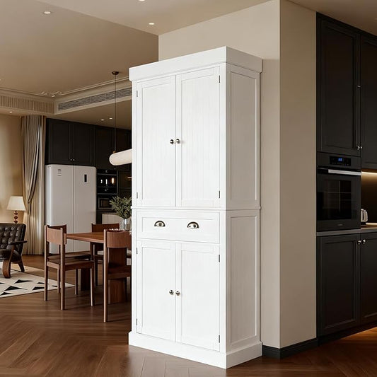 VINGLI 71-Inch White Storage Cabinets with Drawers, Freestanding Pantry Cabinets with Doors and Shelves Adjustable, Wood Farmhouse Kitchen Pantry Cupboard