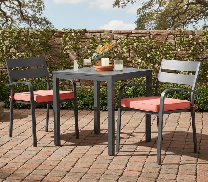 Outdoor 18 inch Square Patio Dining Chair Pads – Comfortable Fiber-Filled Seat Cushions with Ties, Reversible Polyester Fabric - Coral, Set of 2