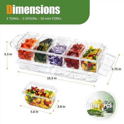 Chilled Condiment Server, Taco Bar Serving Set, Mimosa Bar Supplies, with 5 Lidded Containers and Detachable Ice Storage Layer, 2 Hanging Cups for Storing Tong or Forks