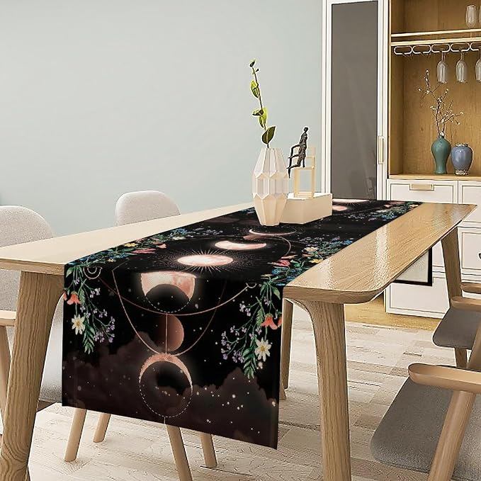 Kitchen Floral Moon Phase Table Runner for Kitchen Dining Thanksgiving Christmas Baby Wedding Party Decoration Table Decor 13x36 Inch