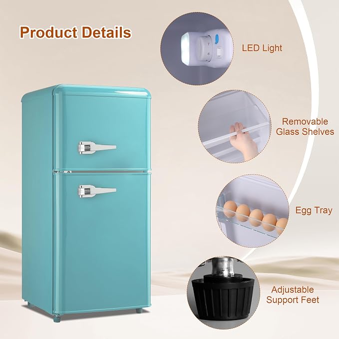 Retro Mini Fridge with Freezer 4.0 Cu. Ft, Small Refrigerator with 7 Level Adjustable Thermostat, Compact Classic Dual Door Fridge Removable Glass Shelves for Apartments, Dorm, Office, Mint Green | 7 Level Adjustable Thermostat, Compact Classic Dual Do...