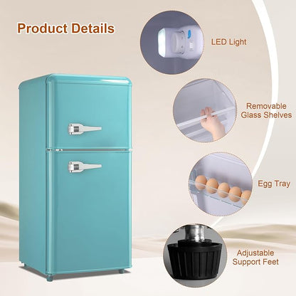 Retro Mini Fridge with Freezer 3.5 Cu. Ft, Small Refrigerator with 7 Level Adjustable Thermostat, Compact Classic Dual Door Fridge Removable Glass Shelves for Apartments, Dorm, Office, Mint Green