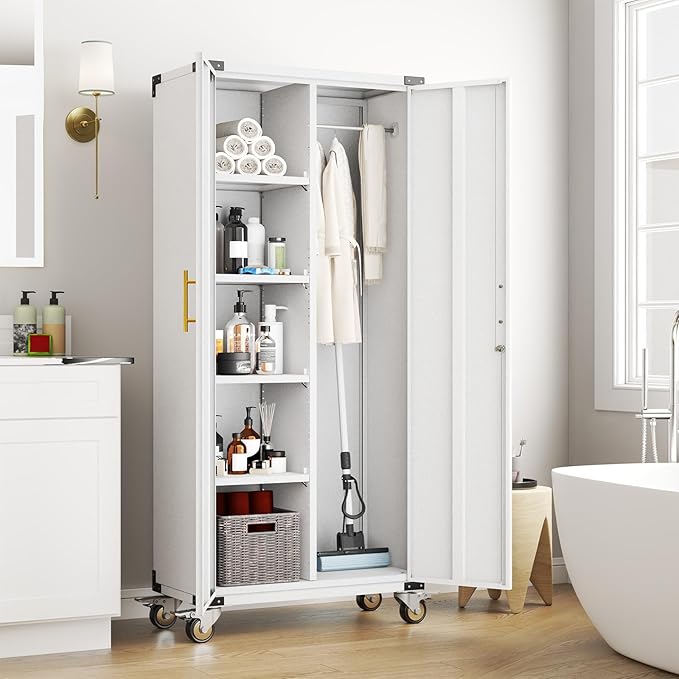 erosoei 71" Broom Storage Cabinet, Cleaning Tool Storage Cabinet, Garage Utility Storage with Hooks and Hanging Rods, Heavy Duty Garden Tool Organizer, for Home, Garage, Laundry Room, Gym, Workshop