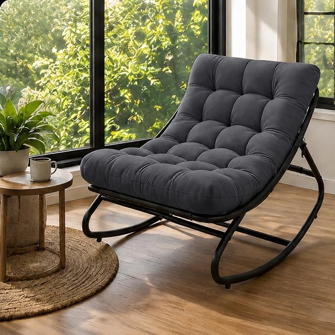 Garvee Papasan Rocking Chair, Thick Cushion, 450 lb Frame, Walnut Brown | Gentle rocking motion and a roomy curved seat create a calm reading retreat for patios, balconies, bedrooms or living rooms.
