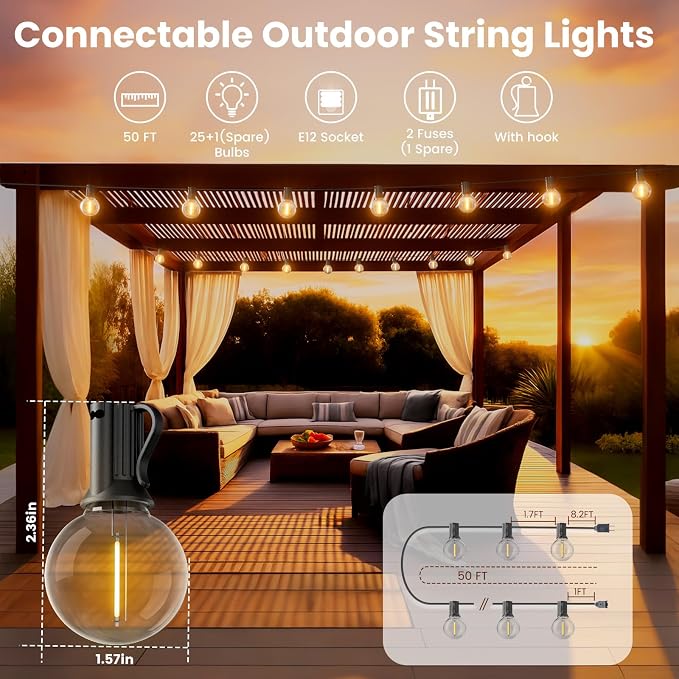 RTTY Outdoor String Lights 50ft, G40 Led Patio Lights with 26pcs Bulbs,Waterproof Shatterproof Dimmable Hanging Connectable Globe Outdoor Lights for Cafe,Bistro,Backyard,Gazebo,Balcony,Party, Black