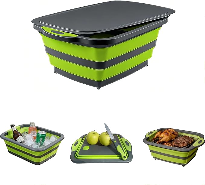 3-in-1 Folding Camping Cutting Board, Collapsible BBQ Prep Tub with Lid | Foldable Camping Chopping Board, PP+TPR Material Cutting Board, Folds to 1.5 Inch Slim for RV Camping & Small Kitchen (Green)