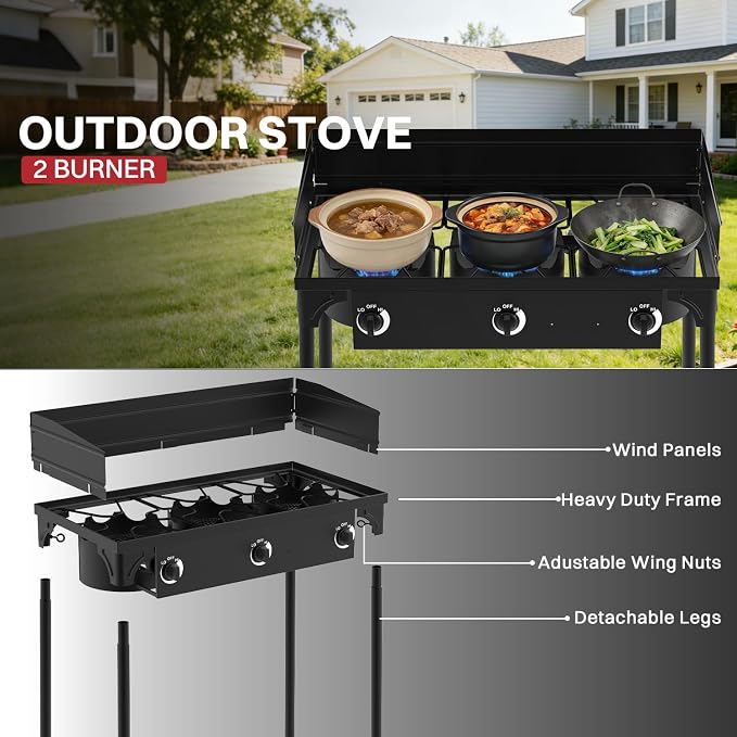 3 Burner Propane Camp Stove | 225,000 BTU | High Pressure Gas Burners | CSA Certified | Windscreen | Waterproof Cover | Detachable Legs | Ideal for Camping Tailgating Backyard Outdoor Cooking