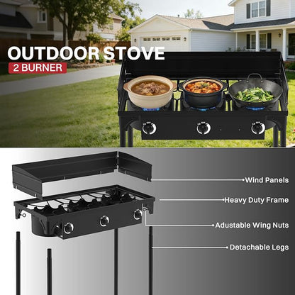 3 Burner Propane Camp Stove | 225,000 BTU | High Pressure Gas Burners | CSA Certified | Windscreen | Waterproof Cover | Detachable Legs | Ideal for Camping Tailgating Backyard Outdoor Cooking