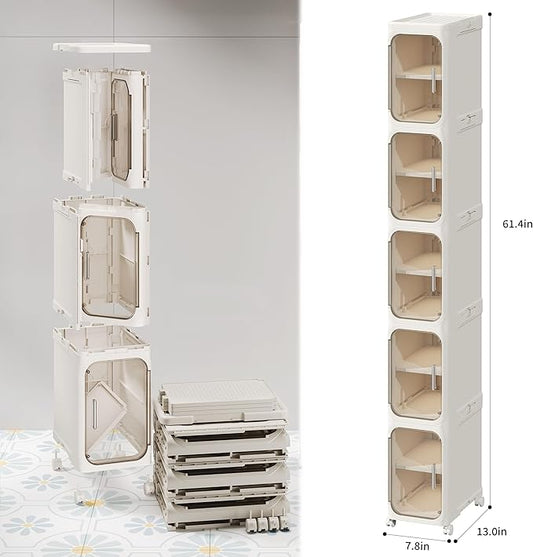 LXLXXL 5-Tier Narrow Storage Cabinet Slim Bathroom Storage Cabinet with Movable Wheels Tall Bathroom Organizer Skinny Cabinet for Small Spaces，Beige