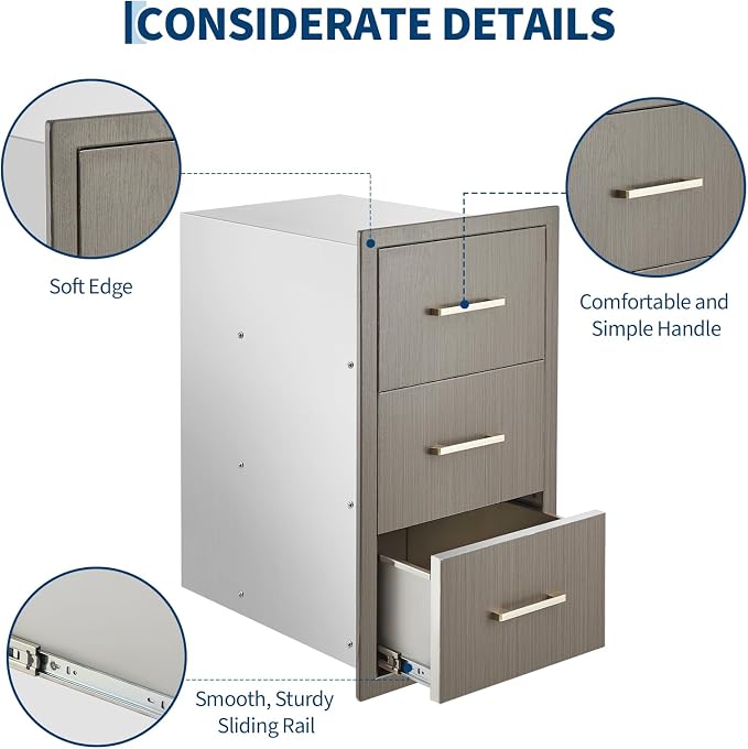 Garvee Outdoor Kitchen Drawers 16" W x 28.5" H x 20.5" D, Flush Mount Triple Access BBQ Drawers with Stainless Steel Handle for Outdoor Kitchens, BBQ Island, Patio Grill Station