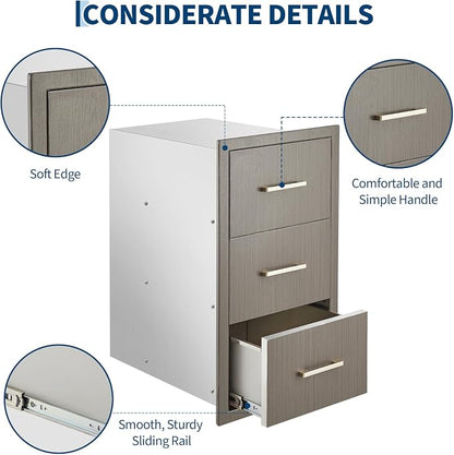 Garvee Outdoor Kitchen Drawers 16" W x 28.5" H x 20.5" D, Flush Mount Triple Access BBQ Drawers with Stainless Steel Handle for Outdoor Kitchens, BBQ Island, Patio Grill Station